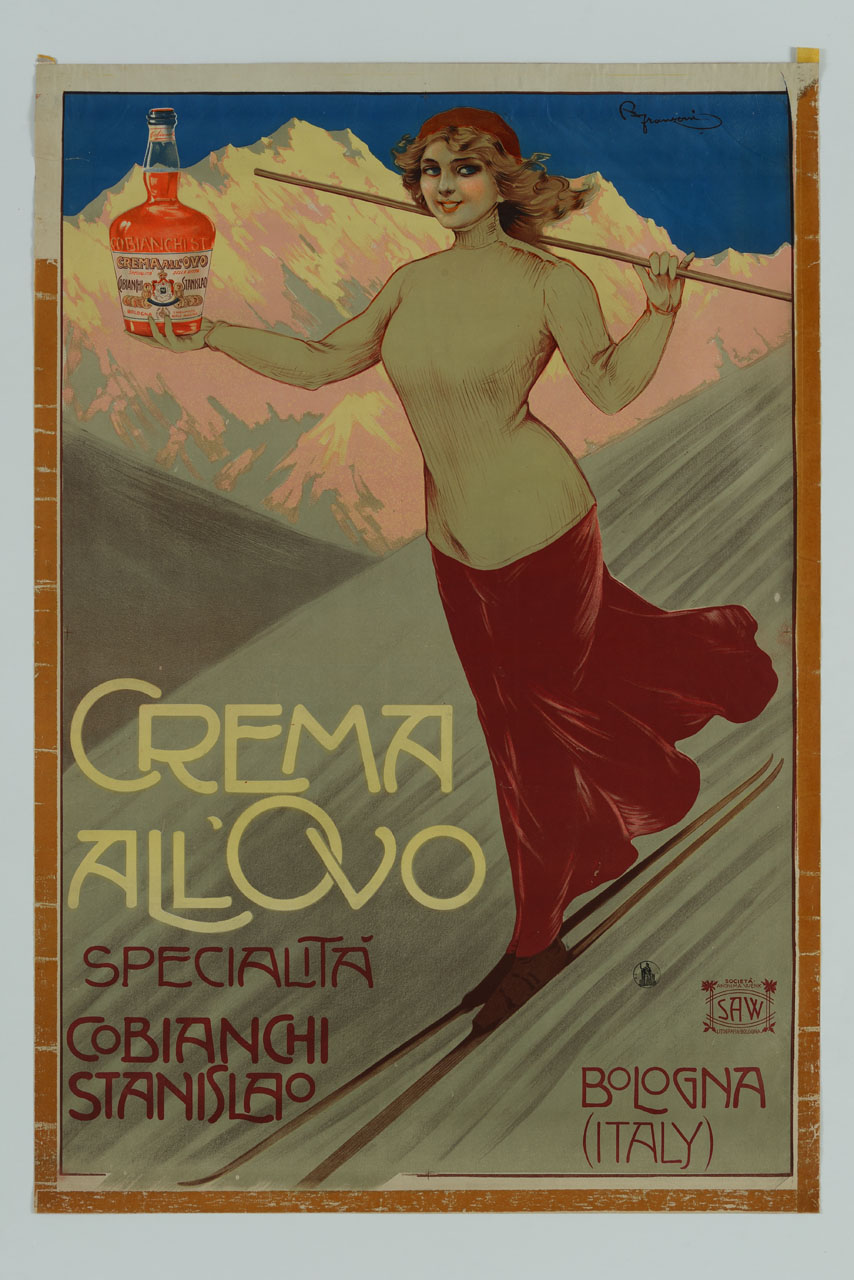 donna scia mostrando con la mano una bottiglia di liquore (manifesto) di Franzoni Roberto (sec. XX)