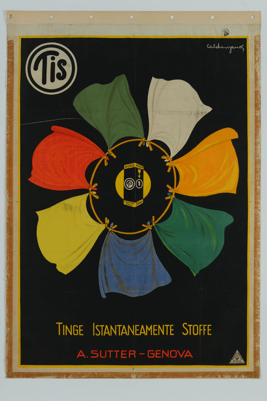 panni colorati stesi e disposti a raggiera intorno ad una confezione di colorante per tessuti (manifesto) di Caldanzano Luigi Emilio (sec. XX)