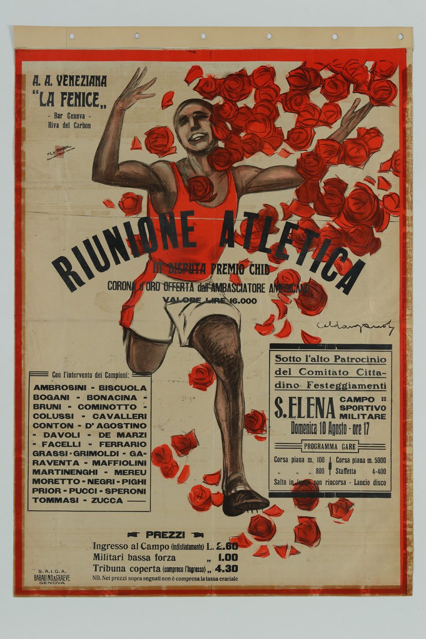 podista in corsa sotto una cascata di rose rosse (manifesto) di Caldanzano Luigi Emilio (sec. XX)