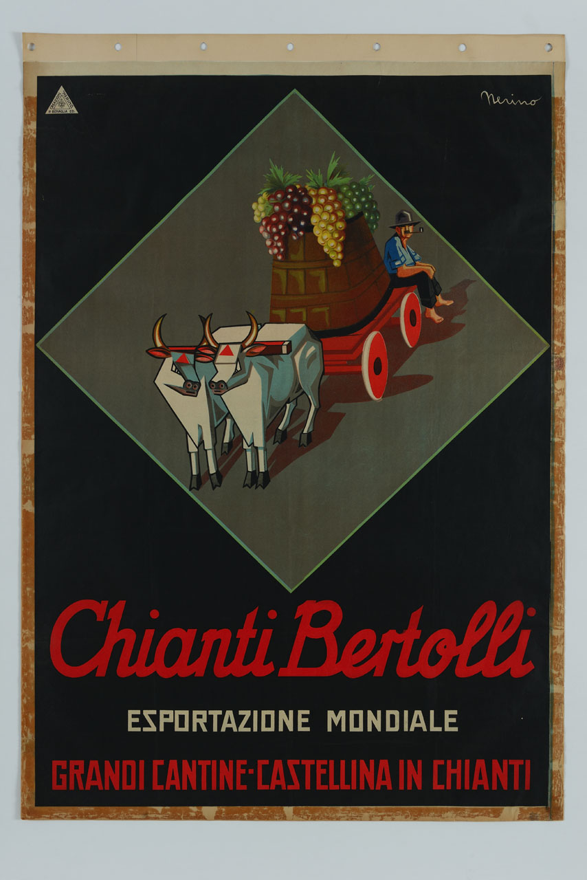 due buoi trainano un carro con un tino d'uva e un contadino (manifesto) di Nannetti Neri detto Nerino (sec. XX)