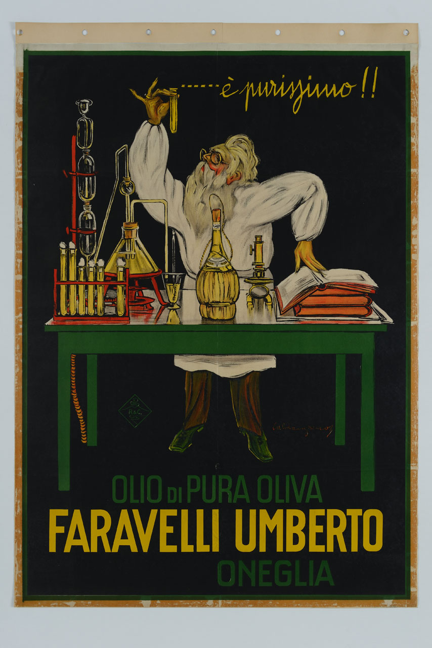 scienziato al tavolo con alambicchi, libri e bottiglia d'olio (manifesto) di Caldanzano Luigi Emilio (sec. XX)
