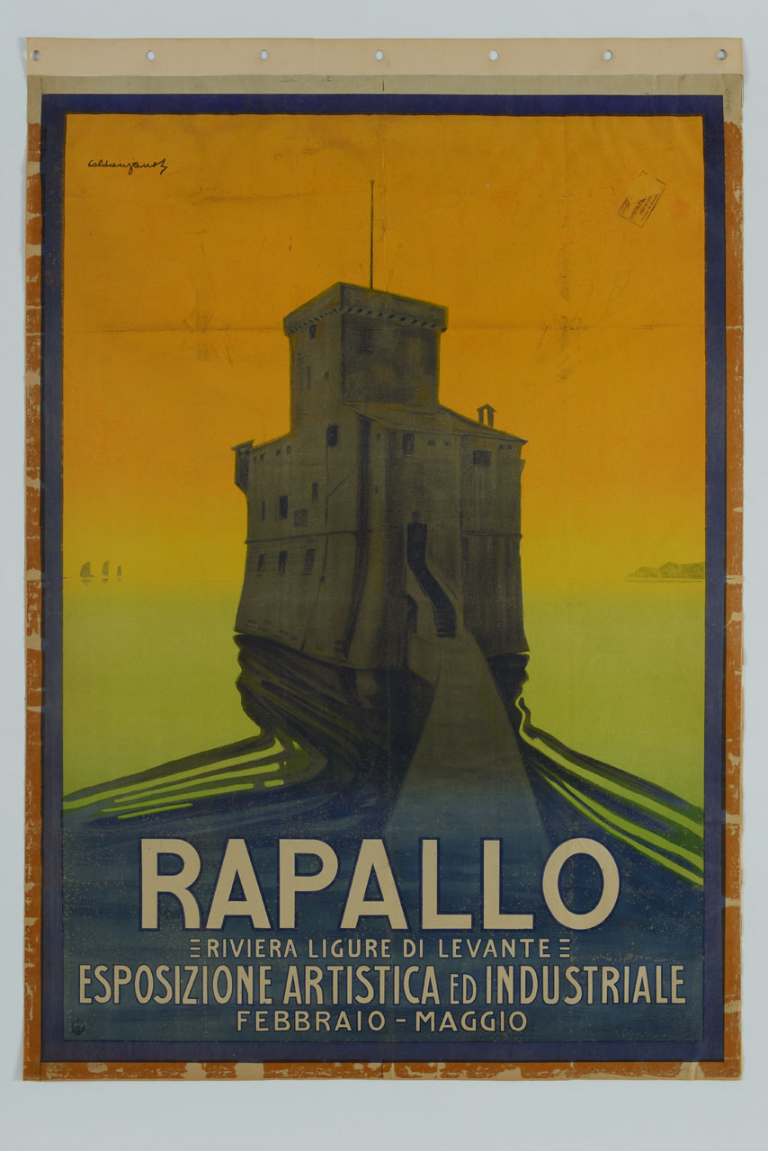 veduta del castello di Rapallo sul mare (manifesto) di Caldanzano Luigi Emilio (sec. XX)