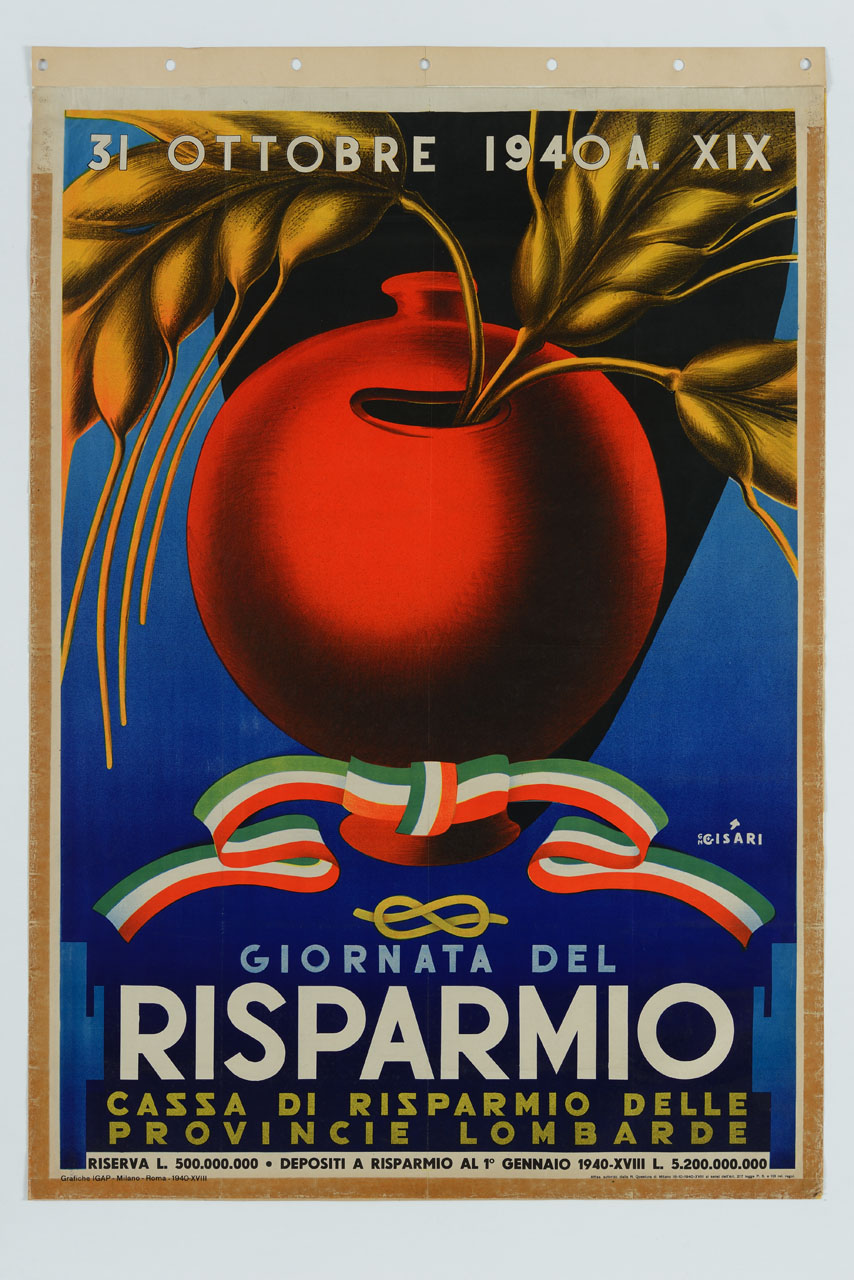 salvadanaio da cui fuoriescono due spighe di grano (manifesto) di Cisari Giulio (sec. XX)