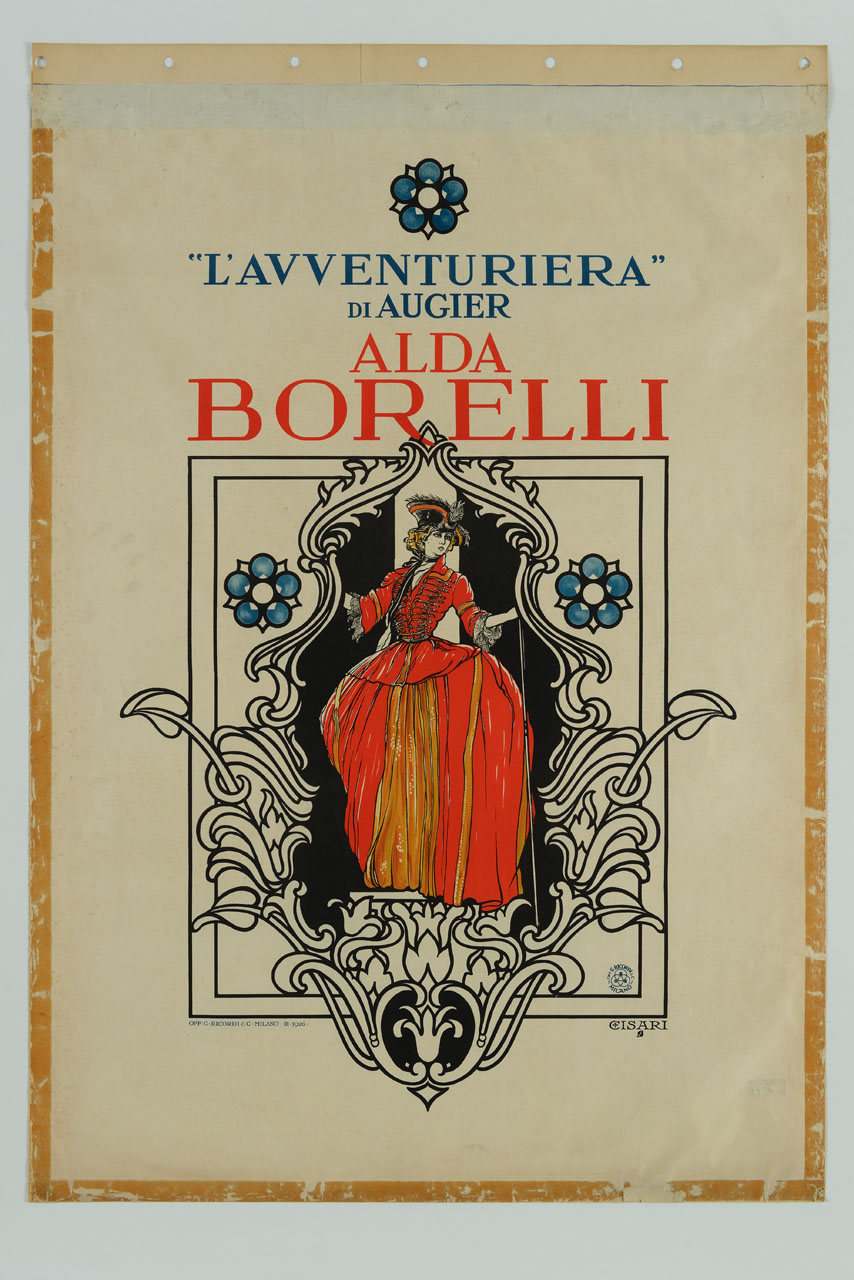 donna in abiti settecenteschi in una cornice di motivi vegetali (manifesto) di Cisari Giulio (sec. XX)