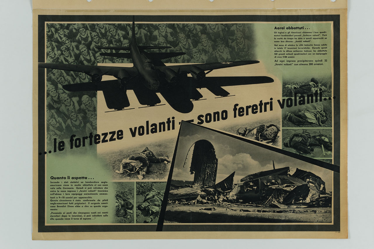 aereo da guerra e riquadri con soldati caduti (manifesto) - ambito italiano (sec. XX)