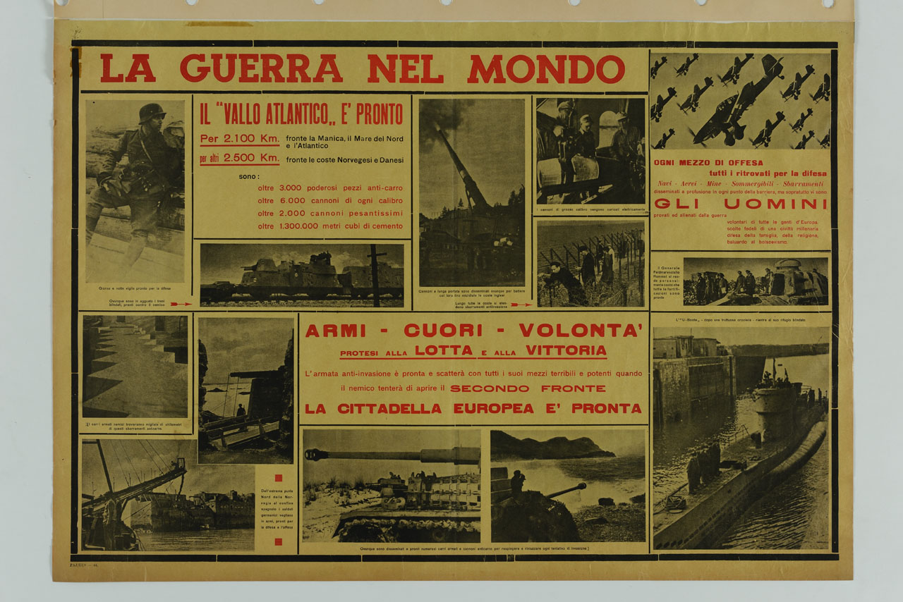 riquadri con fotografie che illustrano fronti di guerra e dispiegamento militare (manifesto) - ambito italiano (sec. XX)