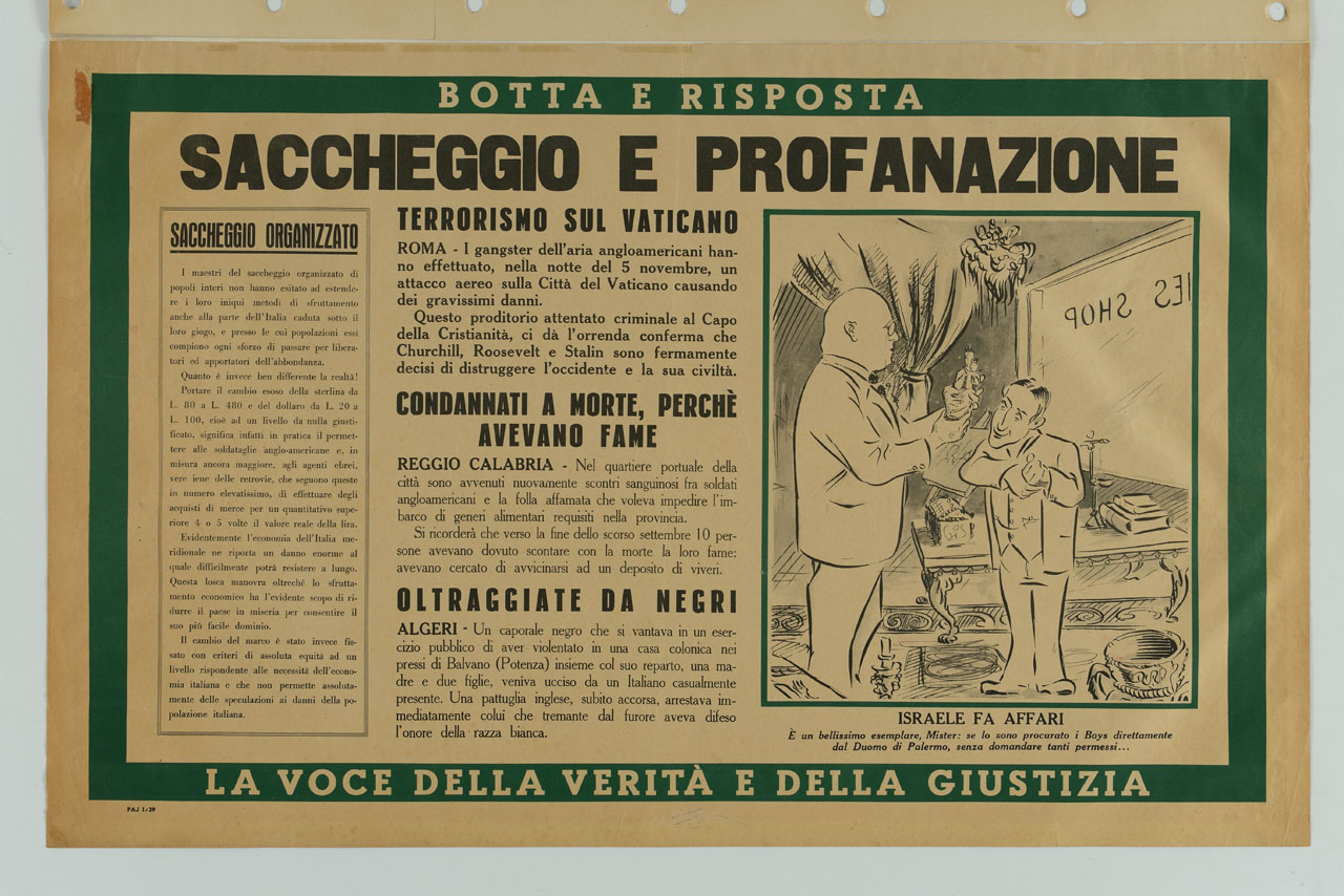 vignetta con mercante d'arte e cliente all'interno del negozio (manifesto) - ambito italiano (sec. XX)