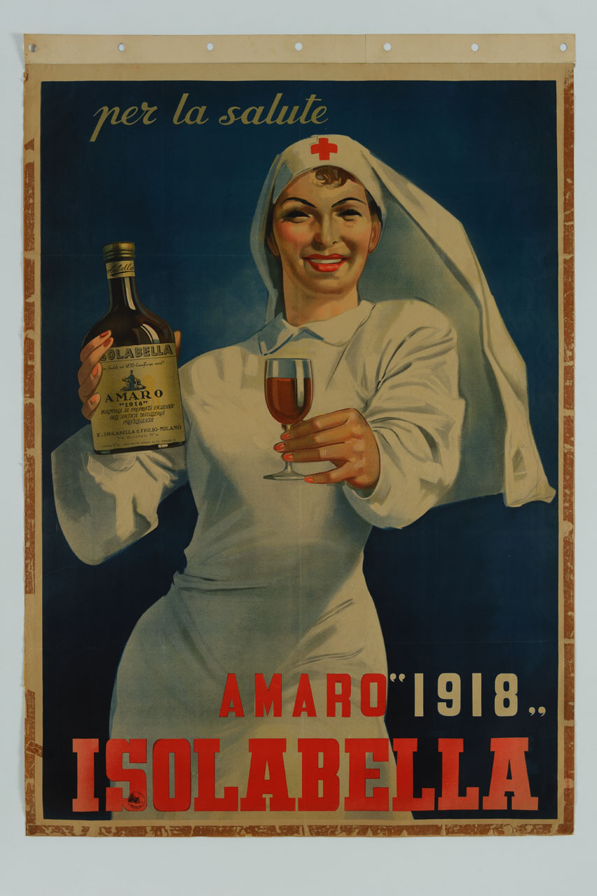 infermiera tiene una bottiglia in mano e porge un bicchiere pieno (manifesto) di Boccasile Gino (sec. XX)