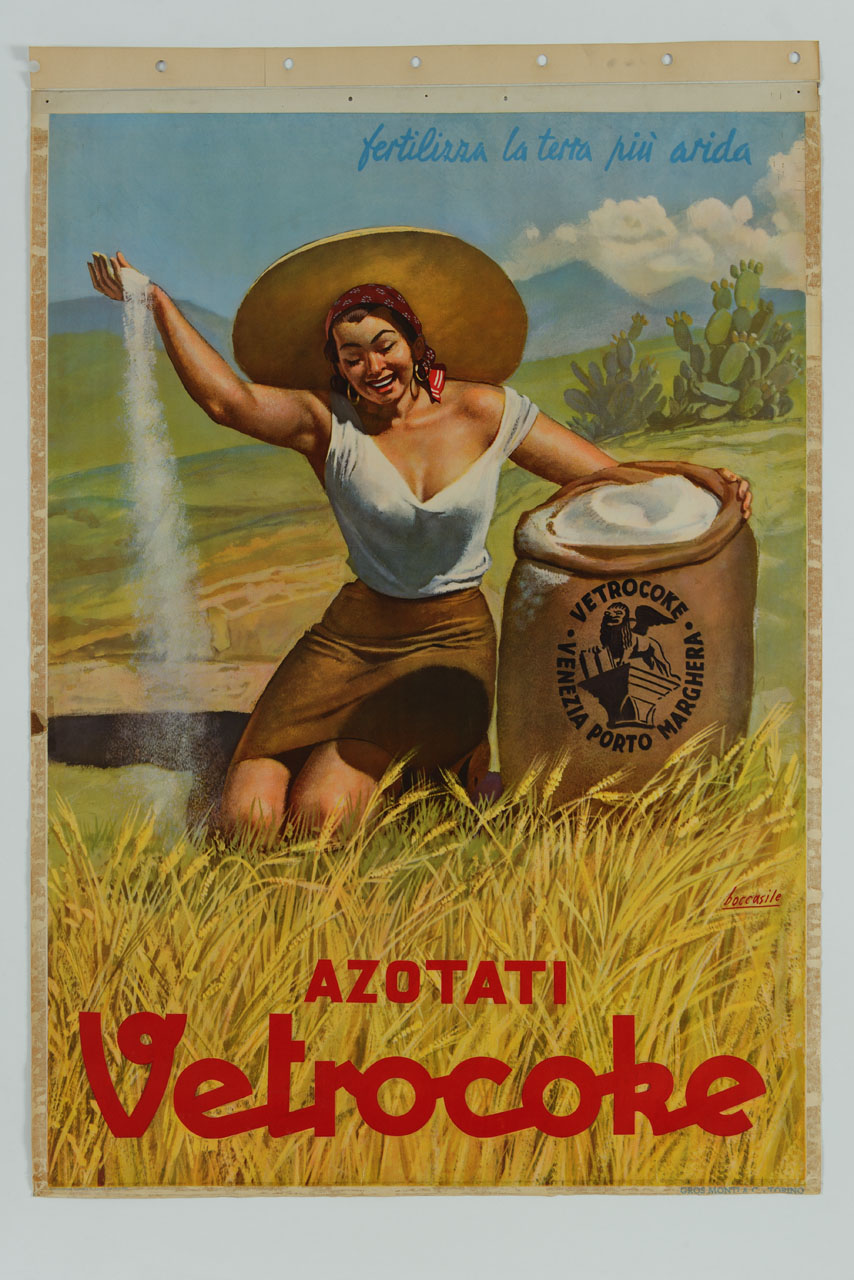 contadina inginocchiata accanto a un sacco sparge fertilizzante in un campo di grano (manifesto) di Boccasile Gino (sec. XX)