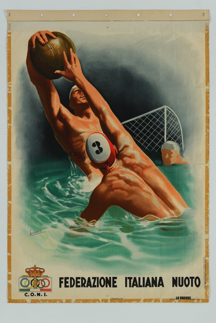 due giocatori di pallanuoto si contendono la palla nei pressi della porta (manifesto) di Boccasile Gino (sec. XX)