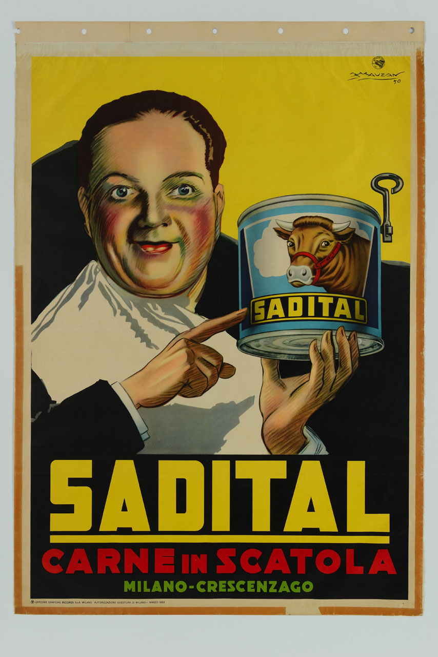 uomo a mezzo busto con tovagliolo al collo indica un barattolo di carne in scatola (manifesto) di Mauzan Achille Luciano (sec. XX)