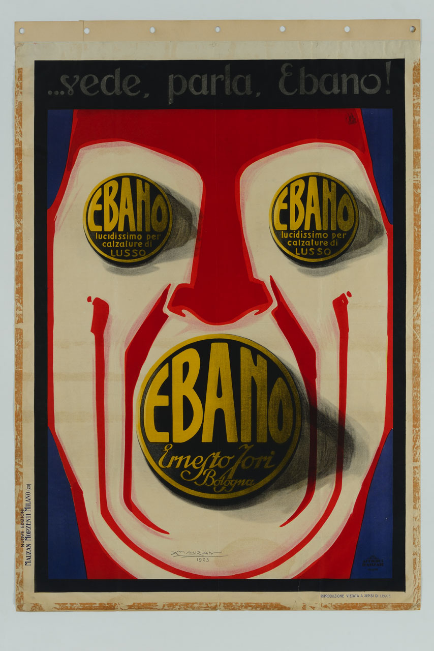 volto con scatole di lucido da scarpa al posto degli occhi e della bocca (manifesto) di Mauzan Achille Luciano (sec. XX)