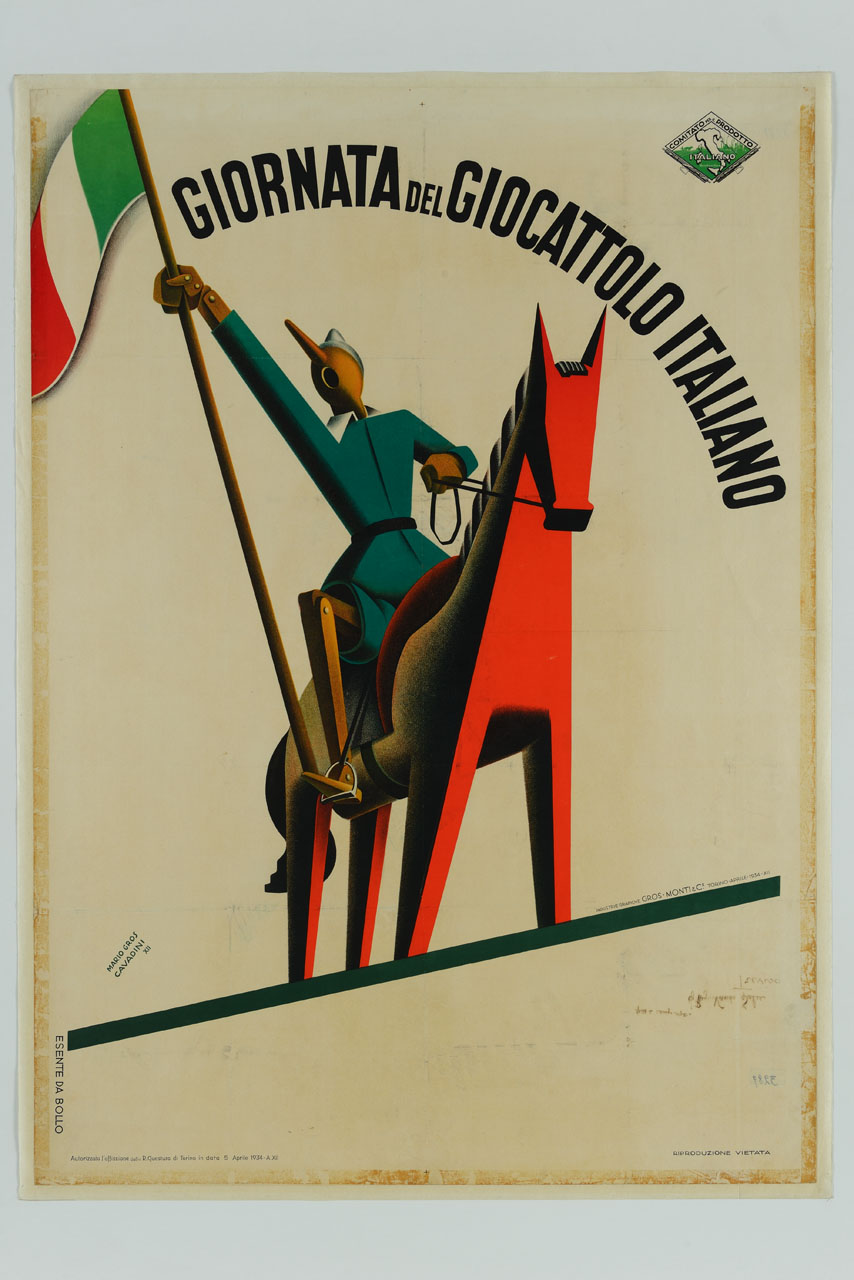 Pinocchio in sella a un cavallo di legno brandisce la bandiera d'Italia (manifesto) di Gros Mario, Cavadini Alfredo (sec. XX)