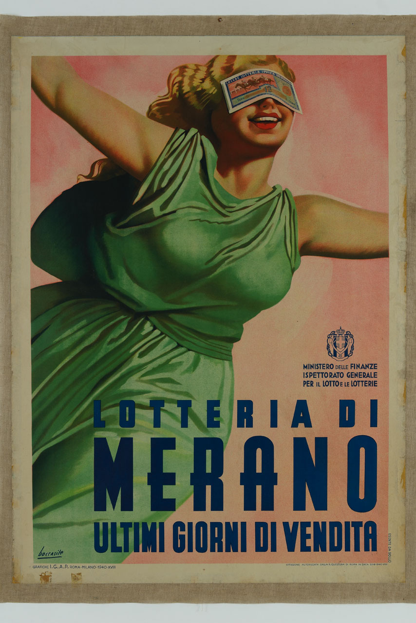 donna vestita di verde avanza a braccia aperte con gli occhi bendati da un biglietto di lotteria (manifesto) di Boccasile Gino (sec. XX)