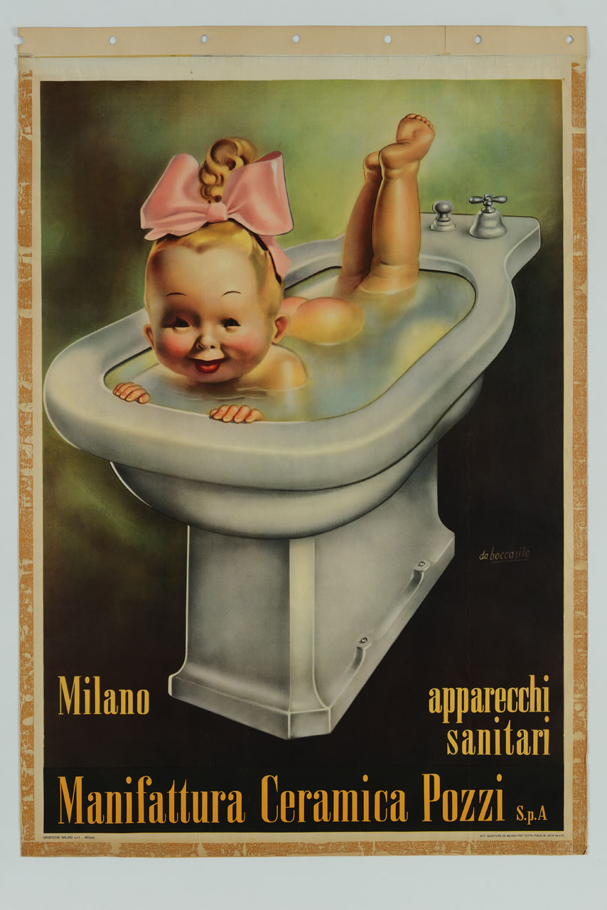 neonata a bagno in un bidet (manifesto) di Boccasile Gino (sec. XX)