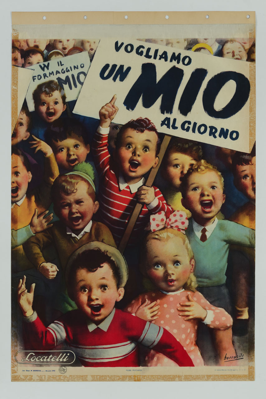 corteo di bambini che protestano con urla e cartelli (manifesto) di Boccasile Gino (sec. XX)