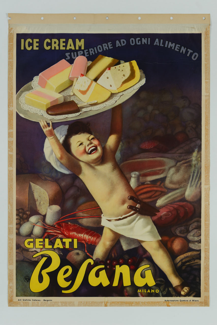 bambino con cappello da cuoco e coltelli alla cintola solleva sopra la testa un vassoio pieno di gelati camminando su un tappeto di alimenti (manifesto) di Boccasile Gino (sec. XX)