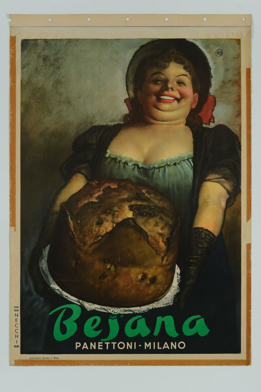 donna con guanti e cappello mostra un panettone su un piatto (manifesto) di Boccasile Gino (sec. XX)