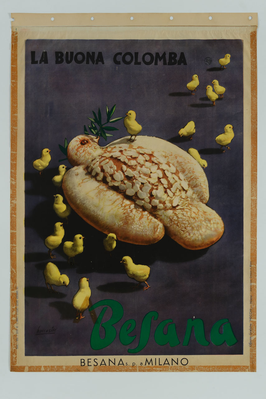 colomba di Pasqua con ramoscello d'ulivo nel becco circondata da innumerevoli pulcini (manifesto) di Boccasile Gino (sec. XX)