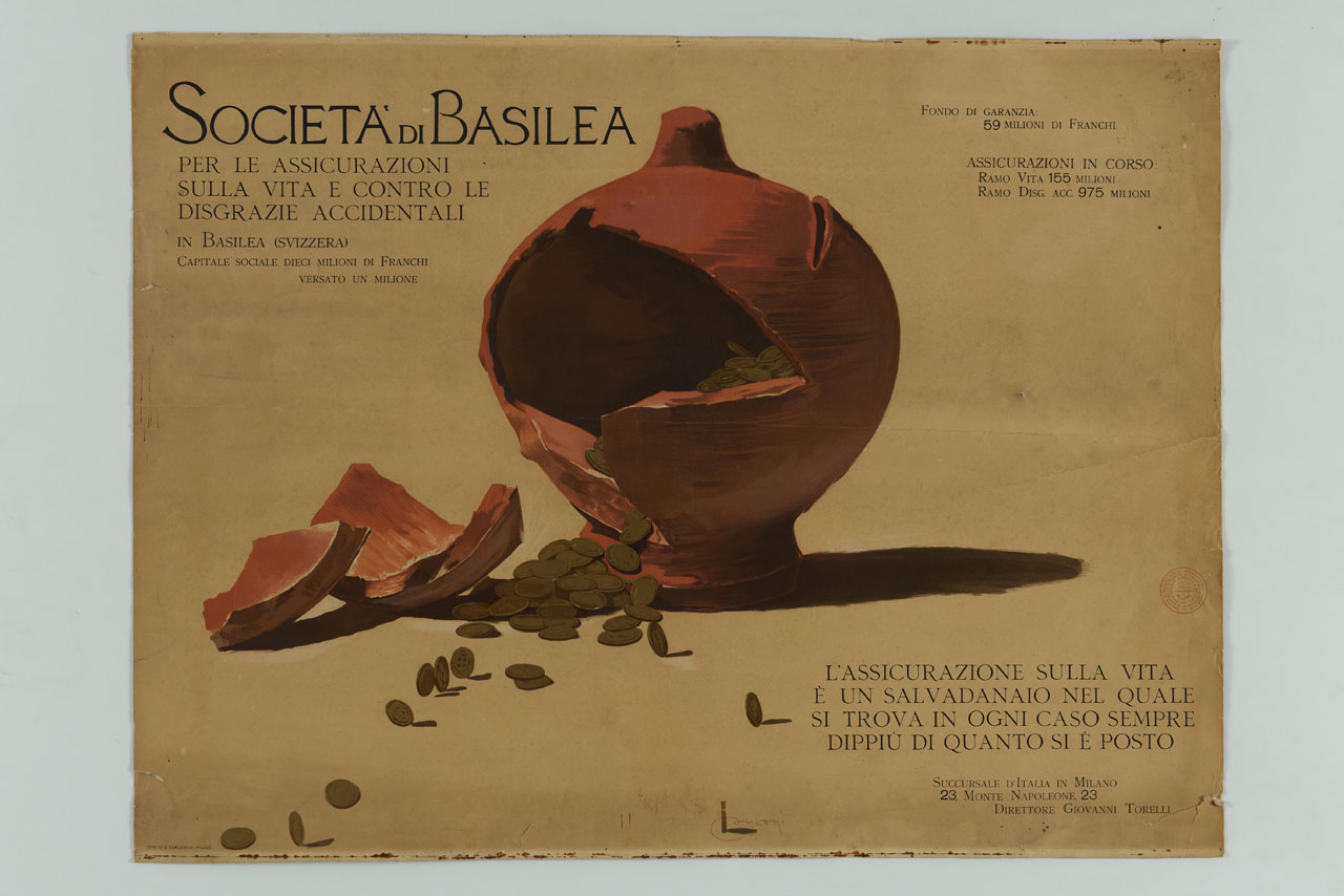 monete corrono via da salvadanaio rotto (manifesto) di Conconi Luigi (fine/ inizio secc. XIX/ XX)