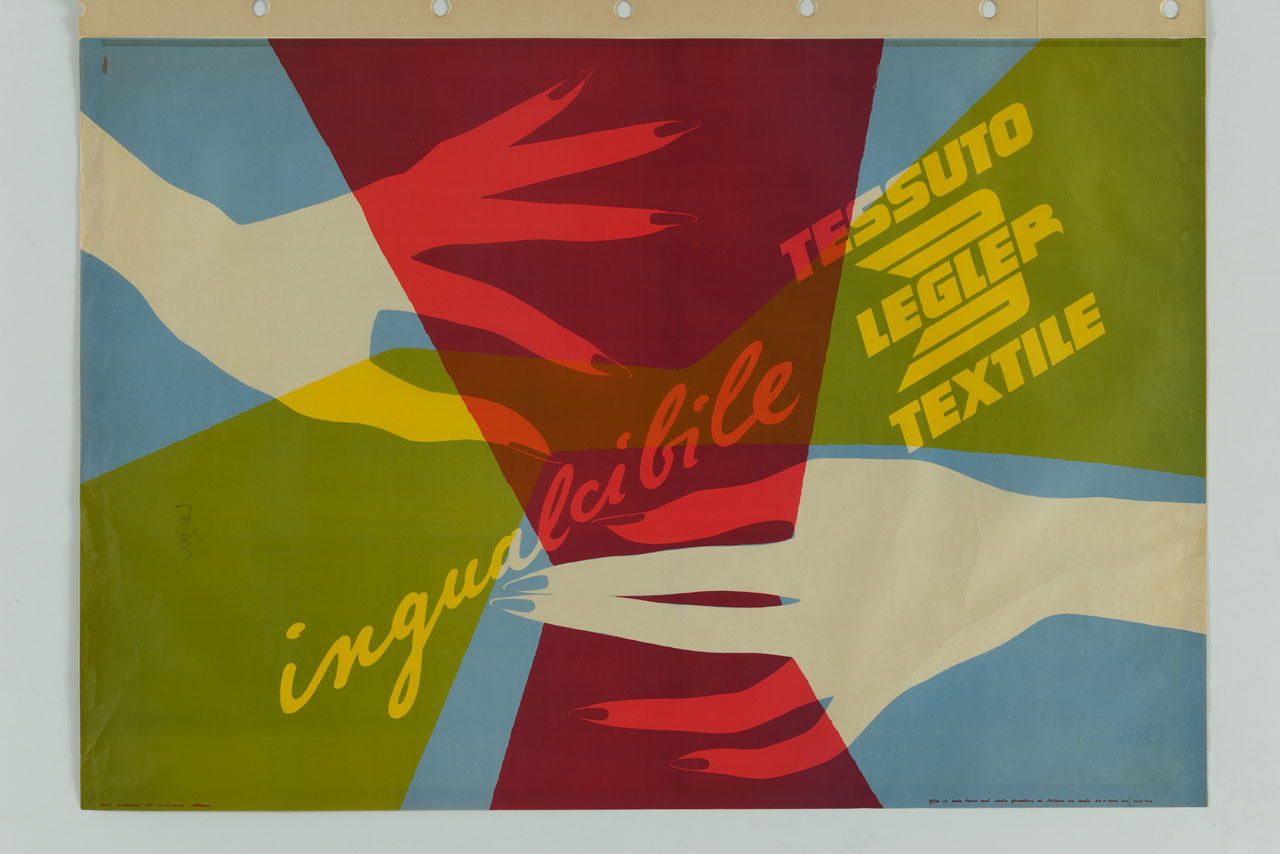 mani di donna stringono tessuti su fondo colorato (manifesto) - ambito italiano (sec. XX)