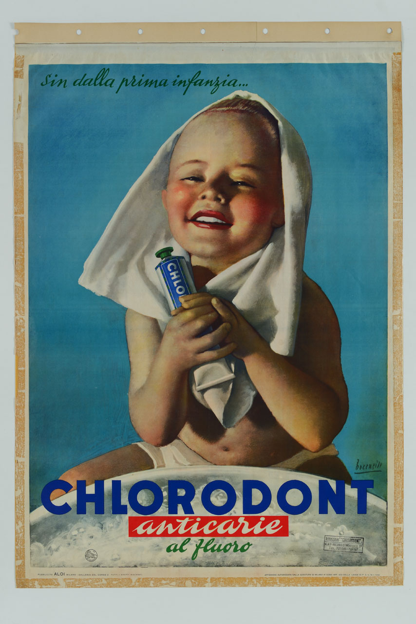 bambino con asciugamano in testa tiene con le due mani un tubetto di dentifricio (manifesto) di Boccasile Gino (sec. XX)