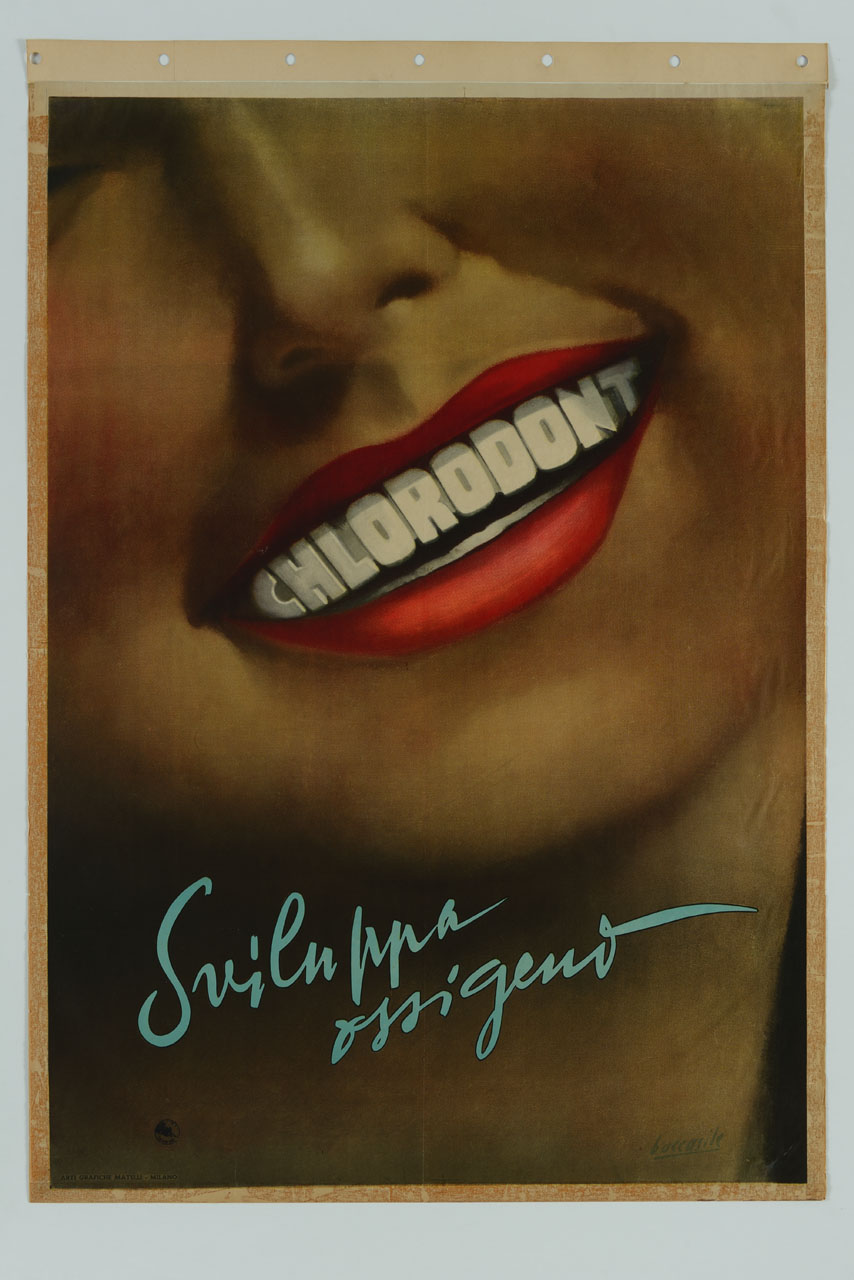 particolare di volto femminile con bocca sorridente (manifesto) di Boccasile Gino (sec. XX)