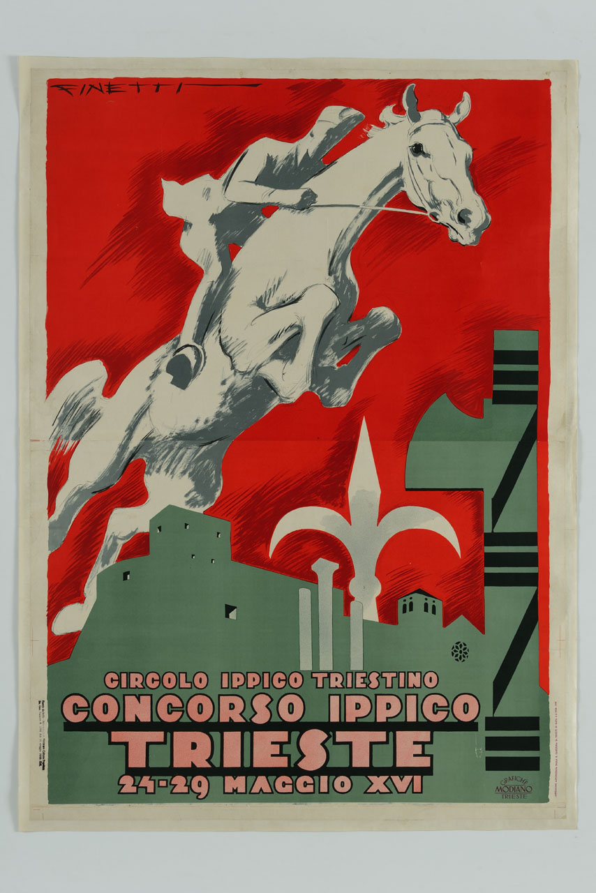 cavallo e cavaliere durante un salto sullo sfondo della città di Trieste (manifesto) di De Finetti Gino (sec. XX)