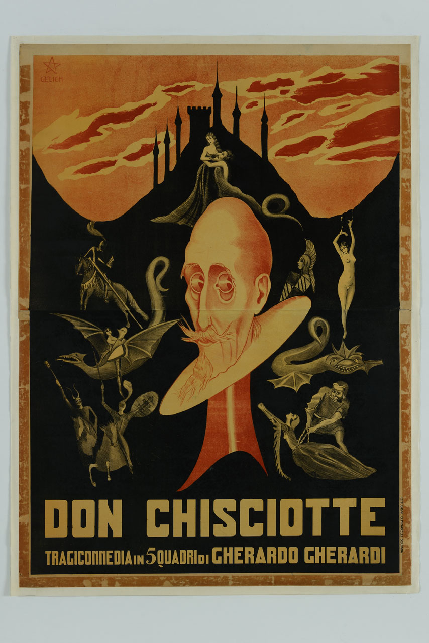 viso di Don Chisciotte attorniato da figure femminili, draghi e cavalieri, in alto profilo di castello (manifesto) di Gelich - ambito italiano (sec. XX)