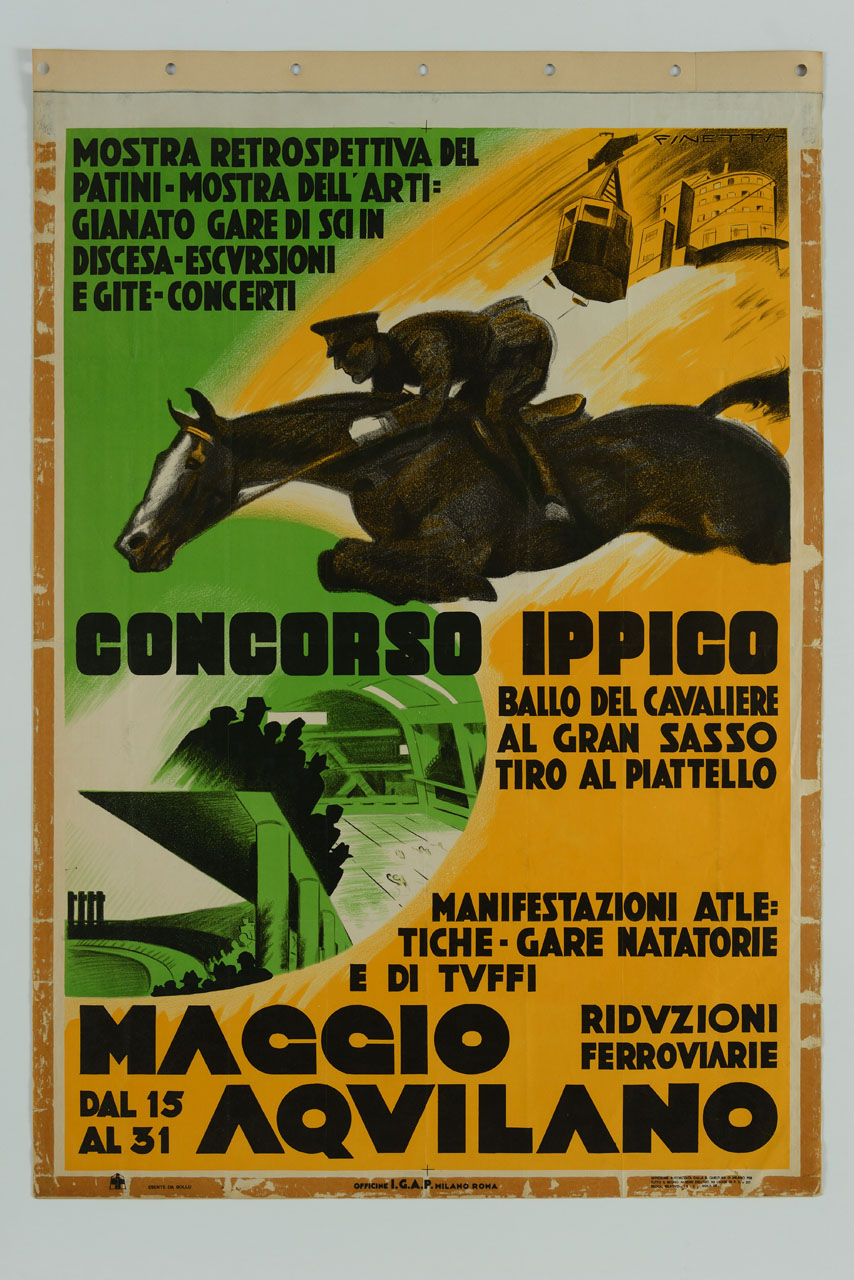 fantino su cavallo durante un salto, funivia e spettatori a eventi sportivi (manifesto) di De Finetti Gino (sec. XX)