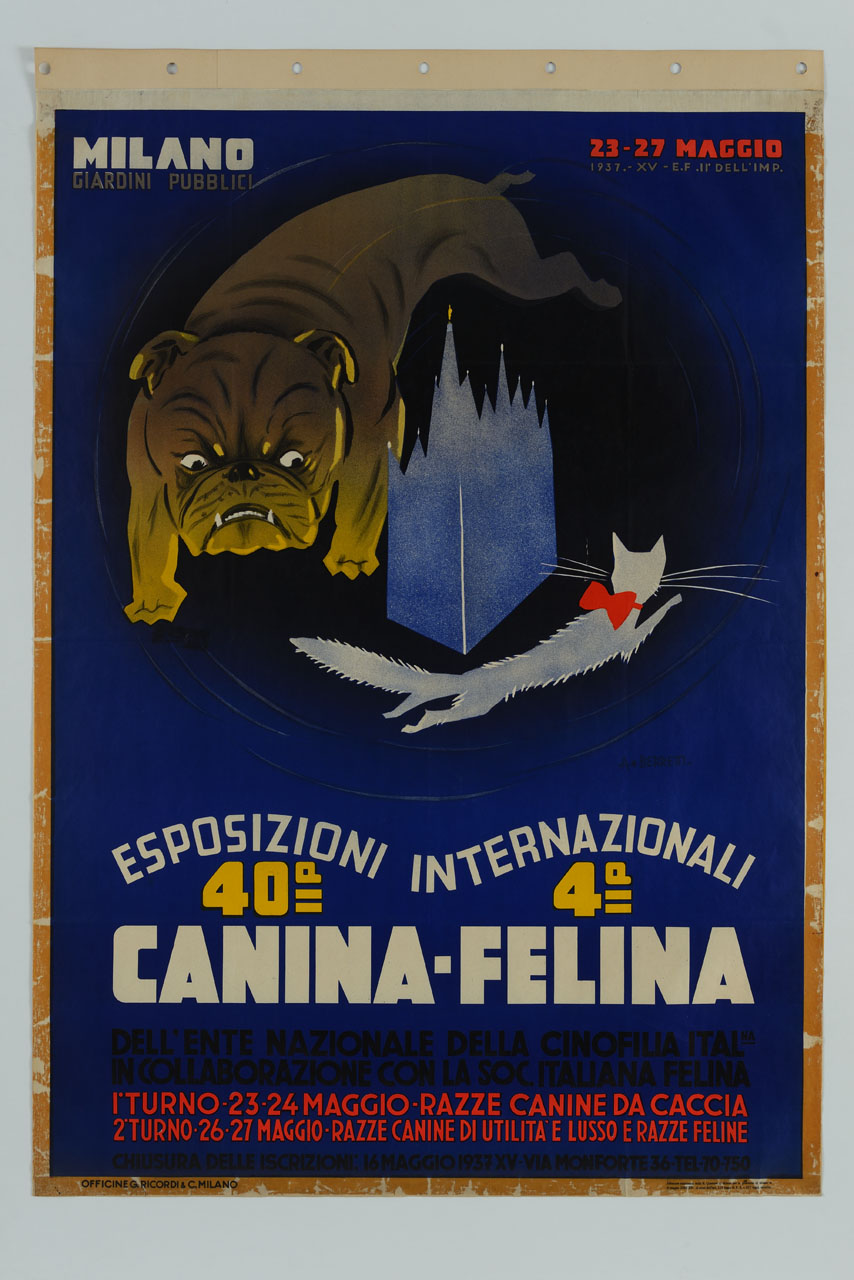 cane insegue un gatto intorno al modellino del Duomo di Milano (manifesto) di Berretti Alessandro (sec. XX)