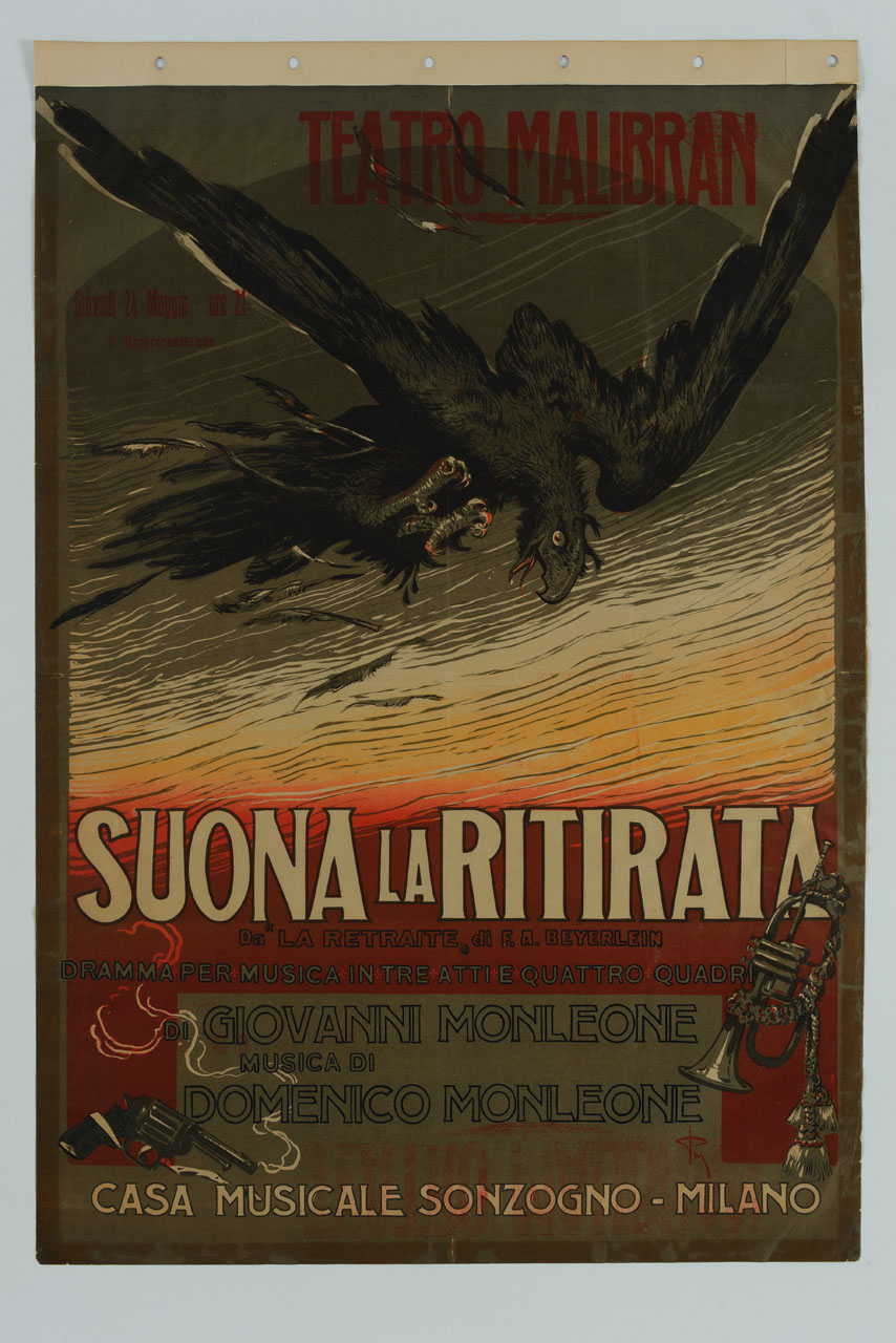 aquila in volo e in basso tromba e pistola fumante (manifesto) di Garuti Giuseppe detto Pipein Gamba (sec. XX)