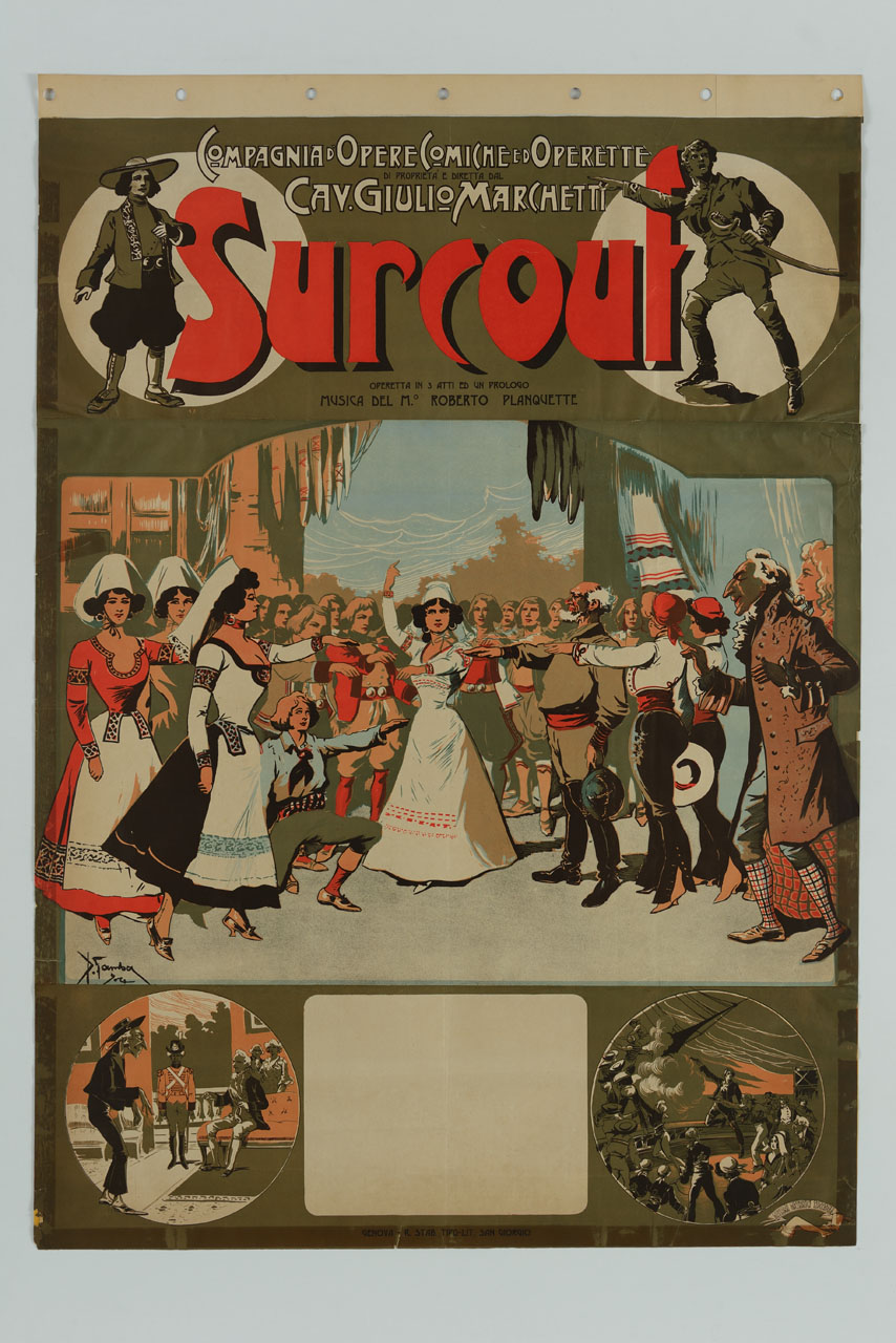 gruppo di uomini e donne e alcune scene teatrali (manifesto) di Garuti Giuseppe detto Pipein Gamba (sec. XX)