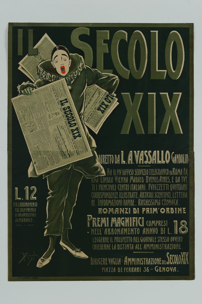 maschera carnevalesca nell'atto di mostrare quotidiano (manifesto) di Garuti Giuseppe detto Pipein Gamba (sec. XIX)