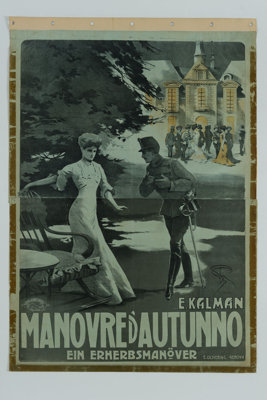 uomo in uniforme si protende verso una donna in un giardino (manifesto) di Garuti Giuseppe detto Pipein Gamba (sec. XX)