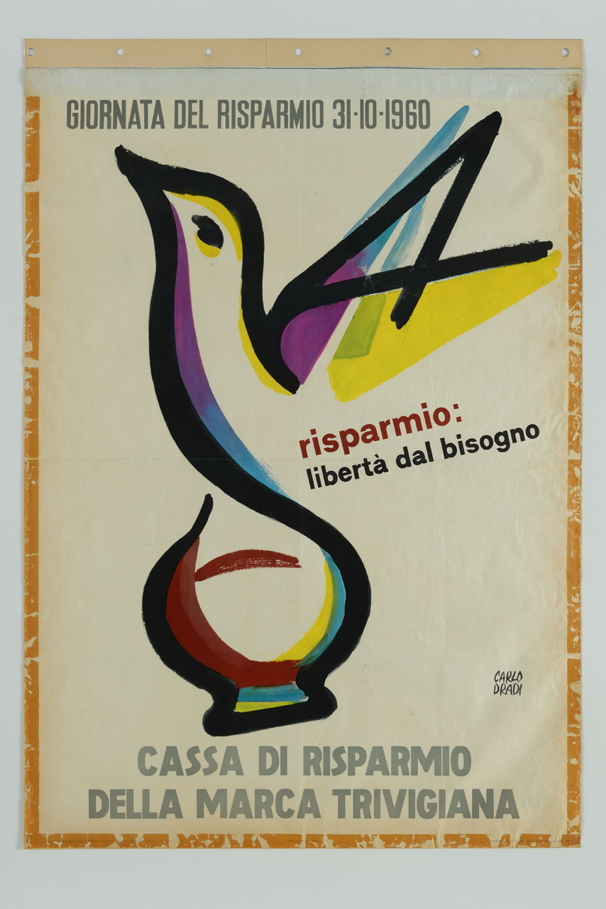 colomba con zampe a forma di salvadanaio (manifesto) di Dradi Carlo (sec. XX)