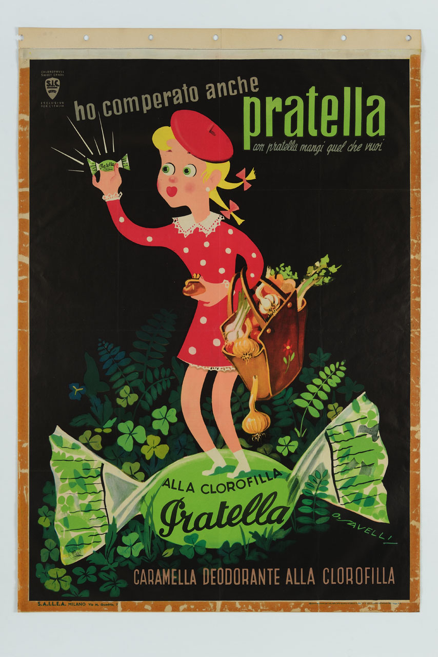 bambina con borsellino e borsa della spesa alza una caramella in piedi sopra una grande caramella tra piante verdi (manifesto) di Savelli Oscar (sec. XX)