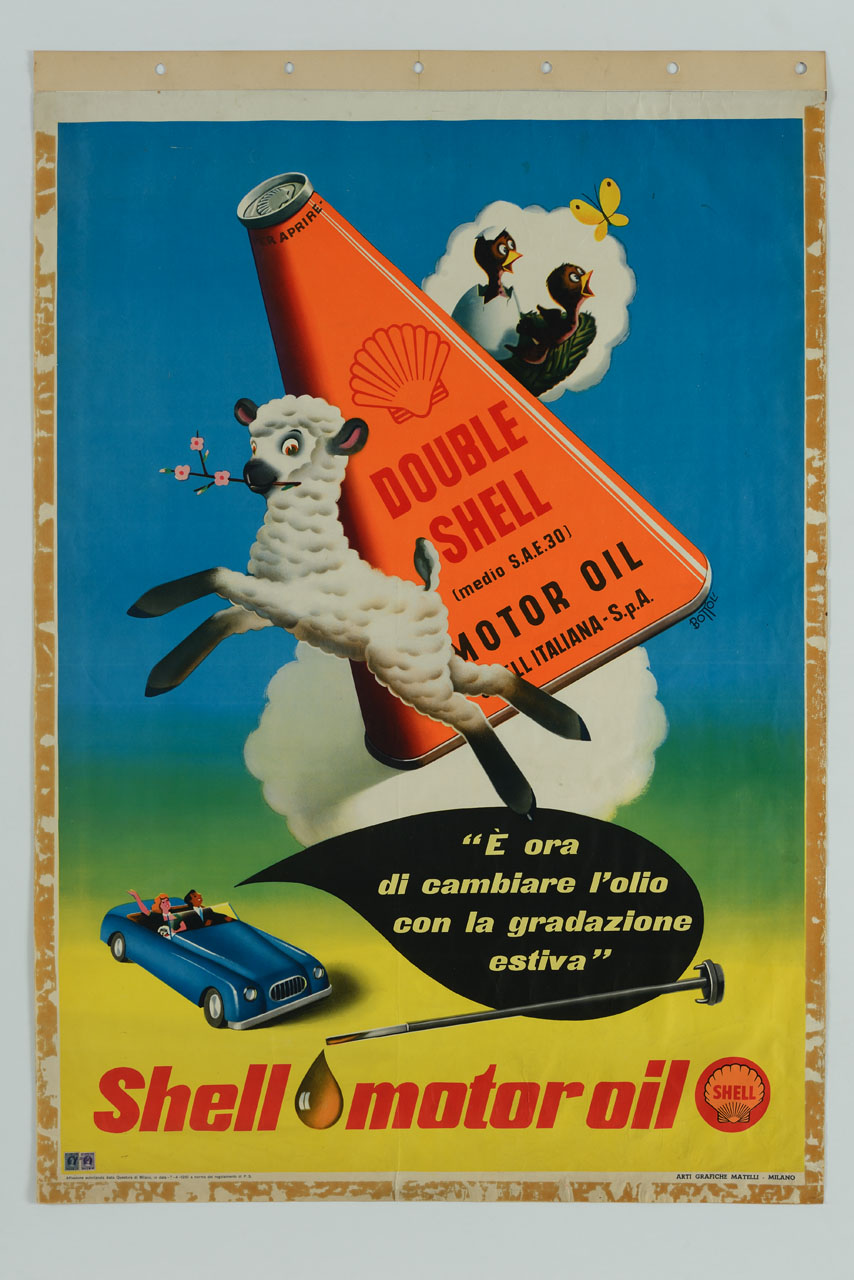 confezione di lubrificante con agnello, uccellini e automobile (manifesto) di Bottoli Matteo (sec. XX)