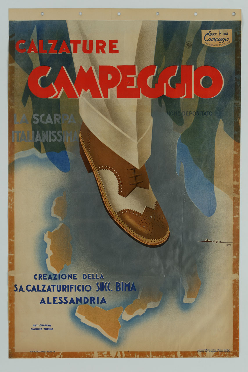 scarpa da uomo e scarpe da donna camminano sulla penisola italiana (manifesto) di Paradisi Luigi detto Lupa (sec. XX)
