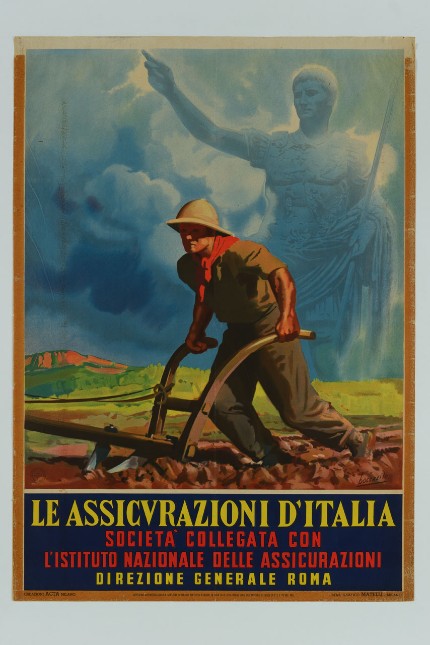 contadino spinge l'aratro in un campo sotto l'immagine dell'imperatore Augusto che si staglia nel cielo (manifesto) di Boccasile Gino, ACTA (sec. XX)