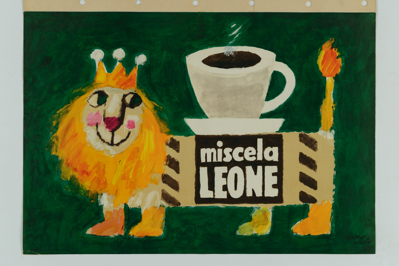 leone coronato con tazza di caffè fumante sul dorso (manifesto) di Leupin Herbert (sec. XX)
