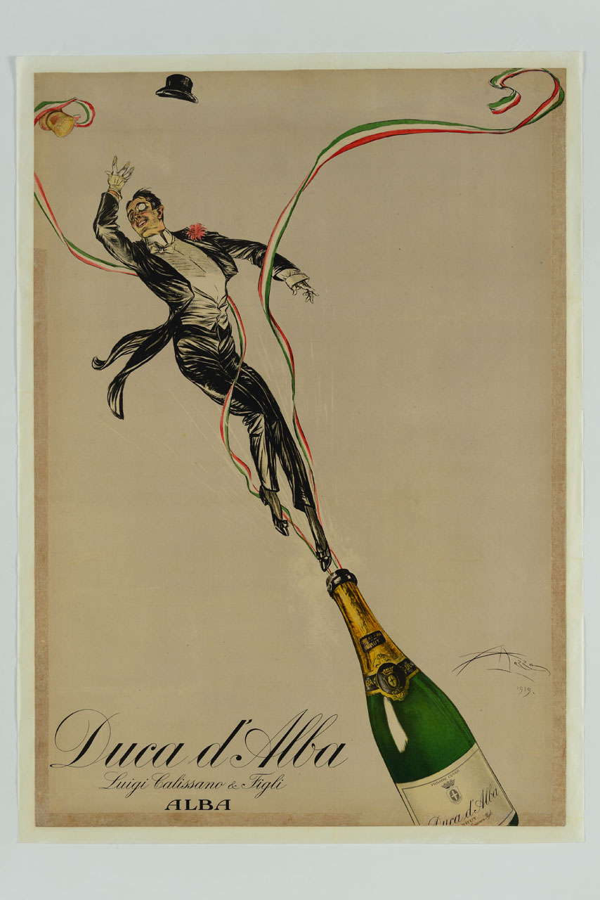 bottiglia di spumante da cui saltano il tappo, due nastri tricolore e un gentiluomo in frac che lancia in aria il cilindro (manifesto) di Mazza Aldo (sec. XX)