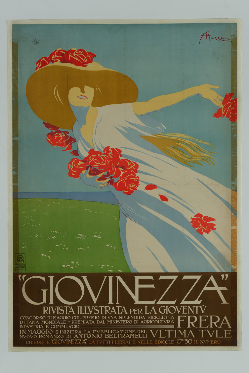 fanciulla con cappello a tesa larga sparge rose in un prato (manifesto) di Mazza Aldo (sec. XX)