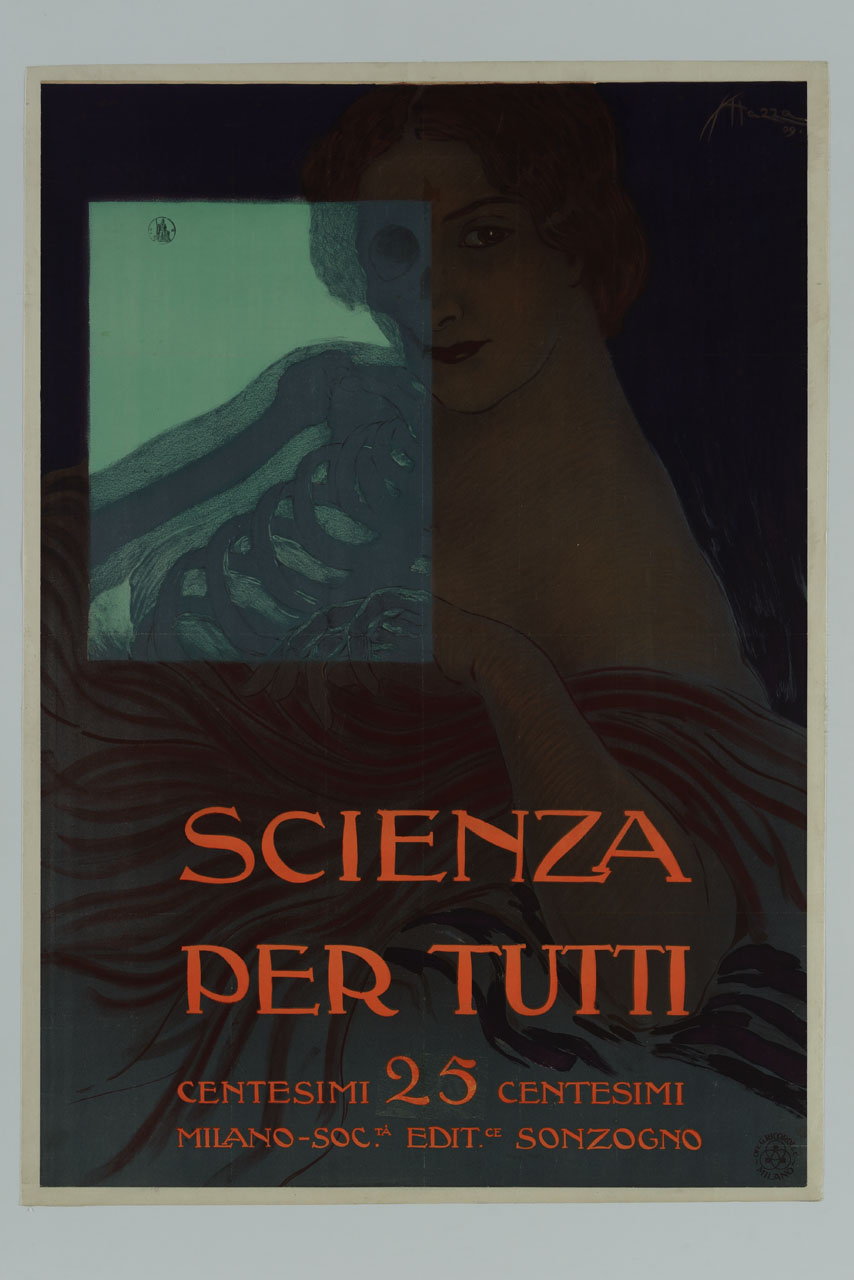 ritratto a mezzo busto di donna con tassello in cui si vede lo scheletro ai raggi X (manifesto) di Mazza Aldo (sec. XX)