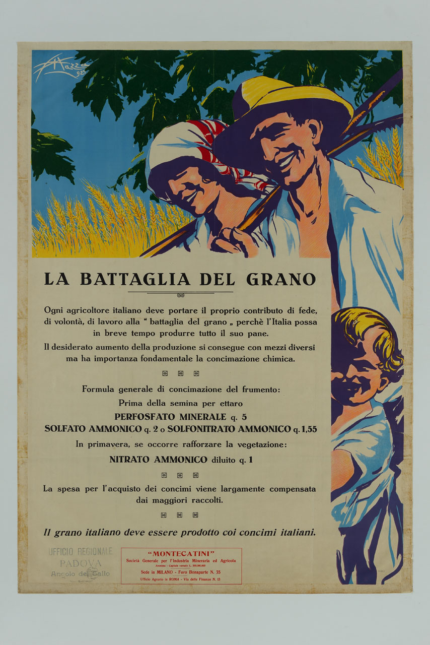famiglia di contadini in un campo di grano (manifesto) di Mazza Aldo (sec. XX)