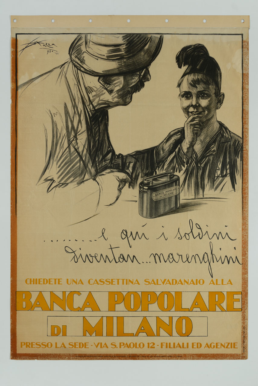 anziano indica a un bambino vestito da balilla una cassetta salvadanaio (manifesto) di Mazza Aldo (sec. XX)