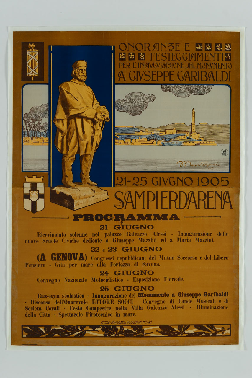 statua di Giuseppe Garibaldi, veduta di Sanpierdarena dal mare (manifesto) di Mantovani Luigi (sec. XX)