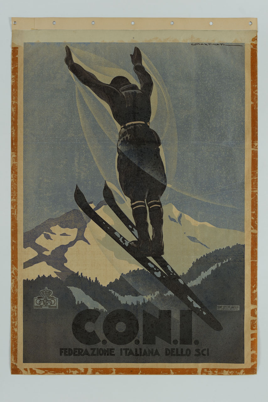 sciatore in volo sullo sfondo di cime innevate (manifesto) di Martinati Luigi (sec. XX)