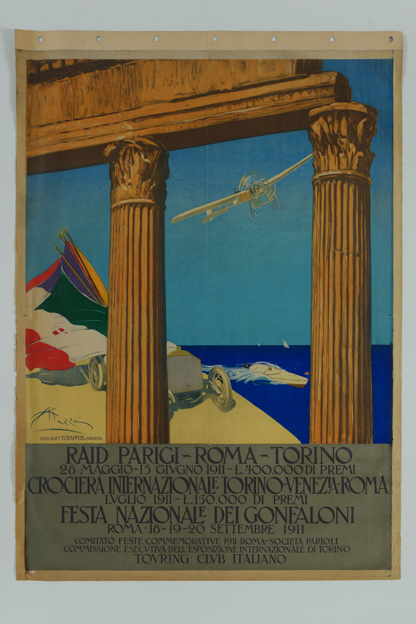 automobile con bandiere, aeroplano e motoscafo dietro rovine classiche (manifesto) di Mazza Aldo (sec. XX)