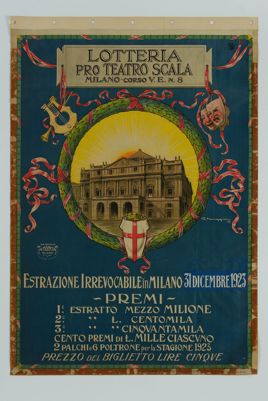 facciata del Teatro alla Scala incorniciata da ghirlanda, nastro ornamentale, maschere, strumenti musicali e stemma di Milano (manifesto) di Muggiani Giorgio (sec. XX)